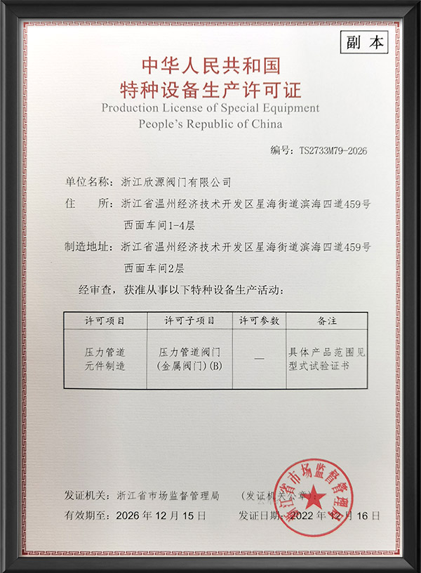 特種（zhǒng）設備生產許可證-副（fù）本